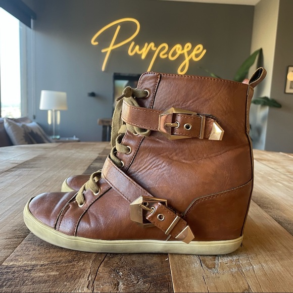 Cognac Vegan Leather Brown High Heel Sneakers - Picture 1 of 6